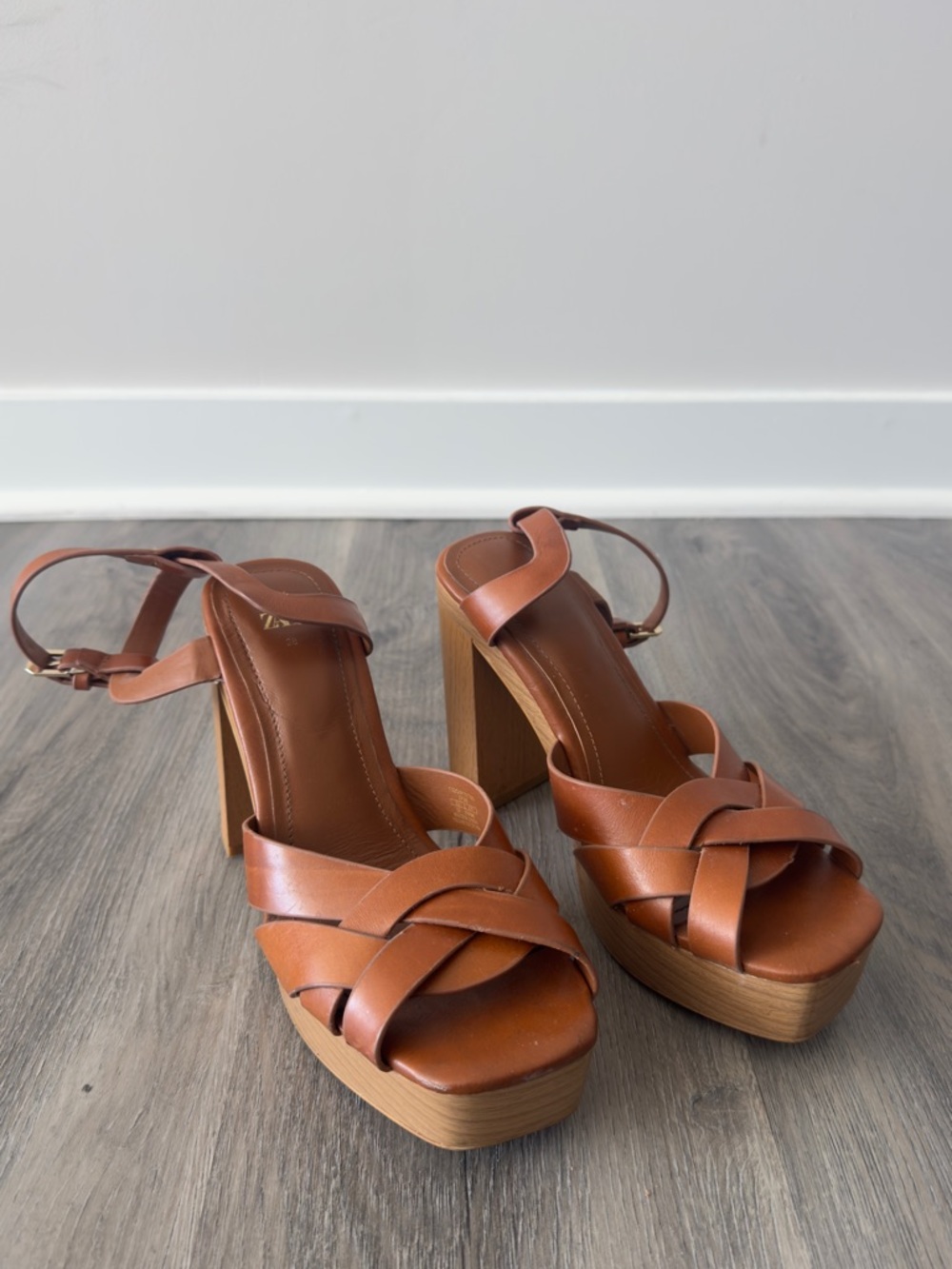 Zara Tan Brown Leather Platform Sandals with Block Heel